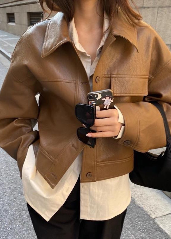 Caramel Ridge – Faux Leather Cropped Jacket