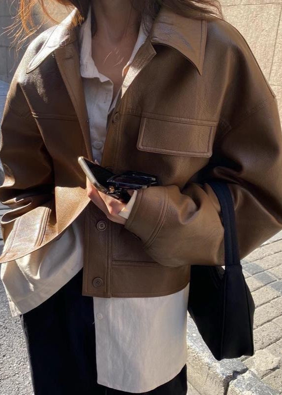 Caramel Ridge – Faux Leather Cropped Jacket