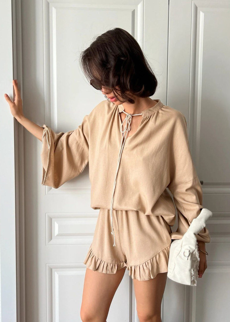 Azure Lounge Set – Light Blue Long Sleeve Top & Ruffled Shorts