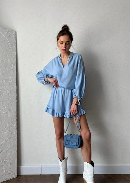 Azure Lounge Set – Light Blue Long Sleeve Top & Ruffled Shorts