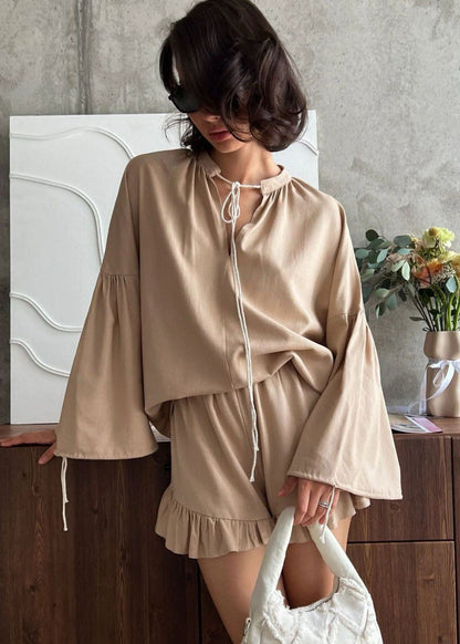 Azure Lounge Set – Light Blue Long Sleeve Top & Ruffled Shorts