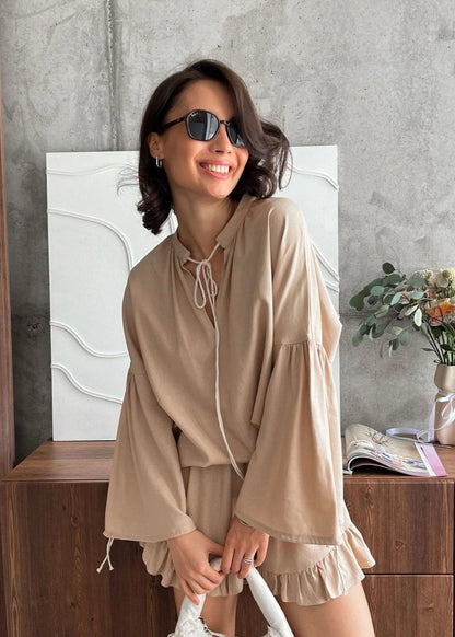 Azure Lounge Set – Light Blue Long Sleeve Top & Ruffled Shorts