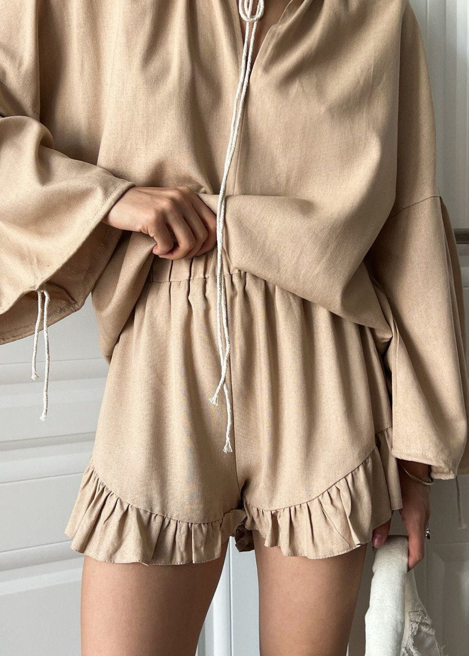 Azure Lounge Set – Light Blue Long Sleeve Top & Ruffled Shorts