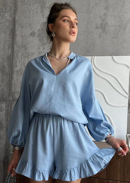 Azure Lounge Set – Light Blue Long Sleeve Top & Ruffled Shorts