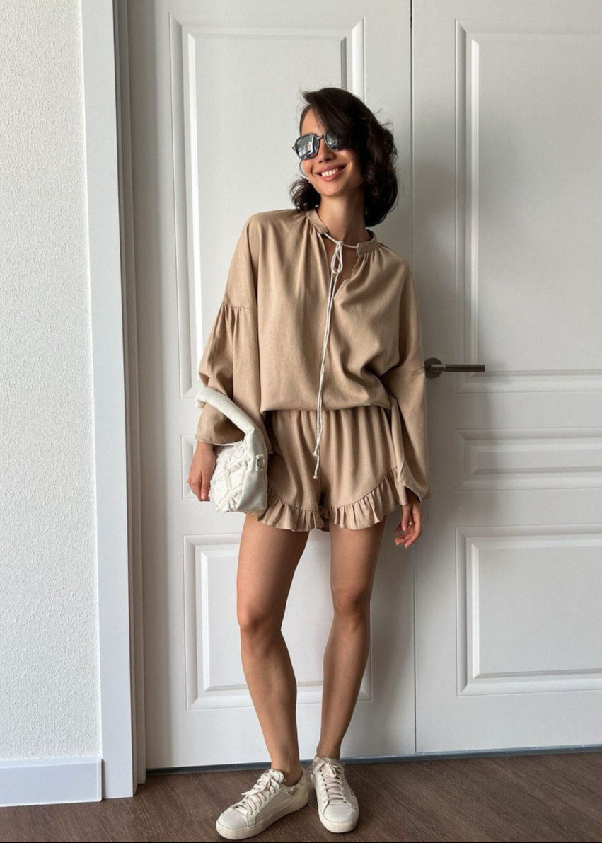 Azure Lounge Set – Light Blue Long Sleeve Top & Ruffled Shorts