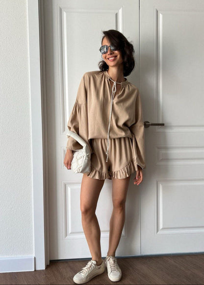 Azure Lounge Set – Light Blue Long Sleeve Top & Ruffled Shorts