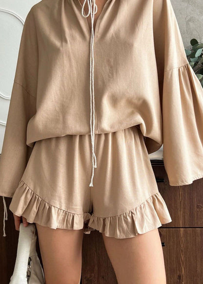 Azure Lounge Set – Light Blue Long Sleeve Top & Ruffled Shorts