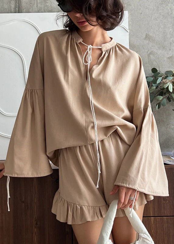 Azure Lounge Set – Light Blue Long Sleeve Top & Ruffled Shorts