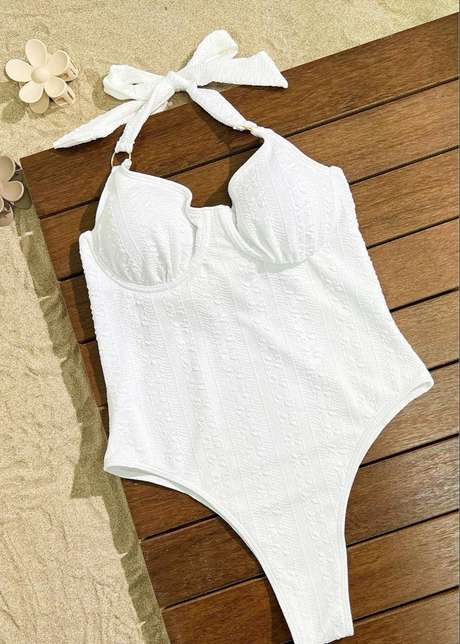 Colette - White Halter Push-Up One Piece Swimsuit