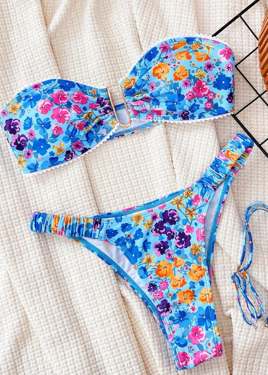 Azure Bloom – Ruched Floral Bikini Set