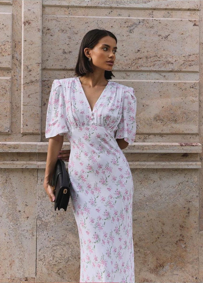 Blossom Grace - Pink Floral Midi Dress with Puff Sleeves