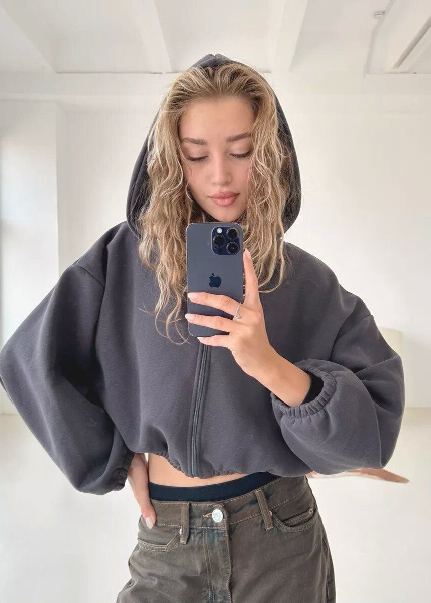 BubbleZip Cropped Hoodie with Balloon Sleeves