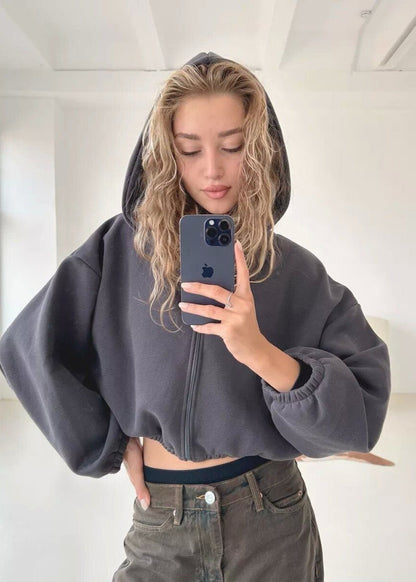 BubbleZip Cropped Hoodie with Balloon Sleeves