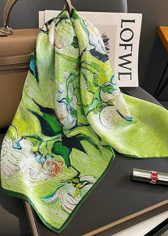 Spring Canvas - Artistic Green Floral Satin Scarf