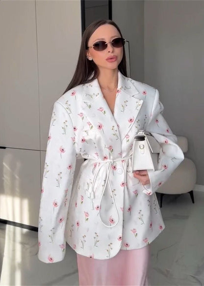 Blossom Garden - Belted Floral Print Blazer