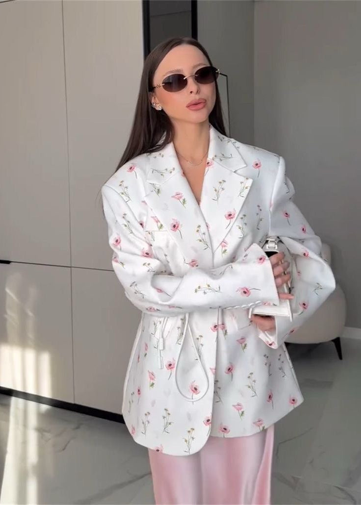 Blossom Garden - Belted Floral Print Blazer