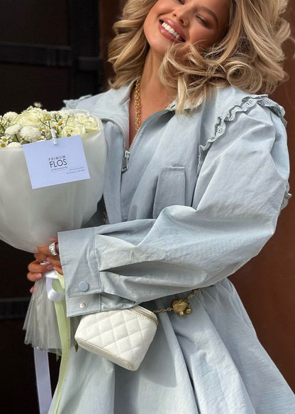 Aurora - Ruffle-Trim Zip-Up Mini Dress with Belt