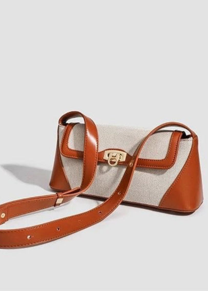 LinenEdge Flap Shoulder Bag – Two-Tone Canvas & Faux Leather Purse