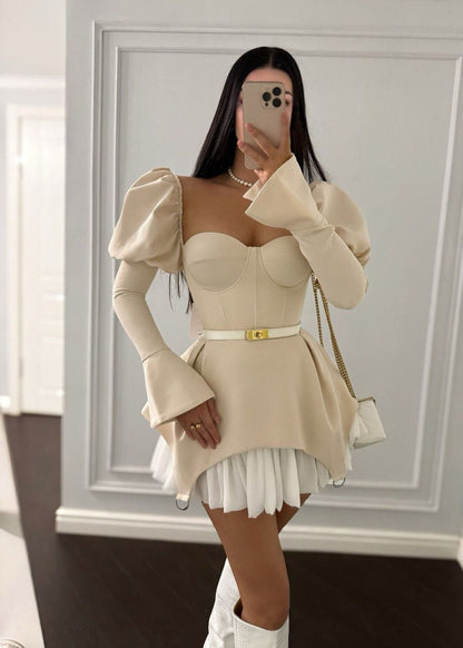 Vellaria Sculpted Mini Dress – Puff Sleeve Corset Top with Pleated Hem