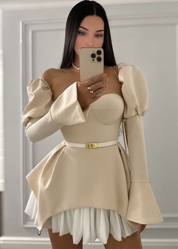 Vellaria Sculpted Mini Dress – Puff Sleeve Corset Top with Pleated Hem