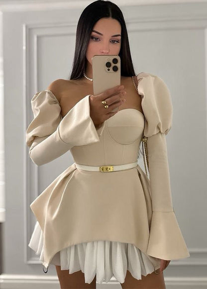Vellaria Sculpted Mini Dress – Puff Sleeve Corset Top with Pleated Hem