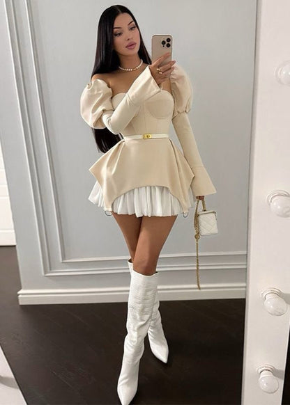 Vellaria Sculpted Mini Dress – Puff Sleeve Corset Top with Pleated Hem