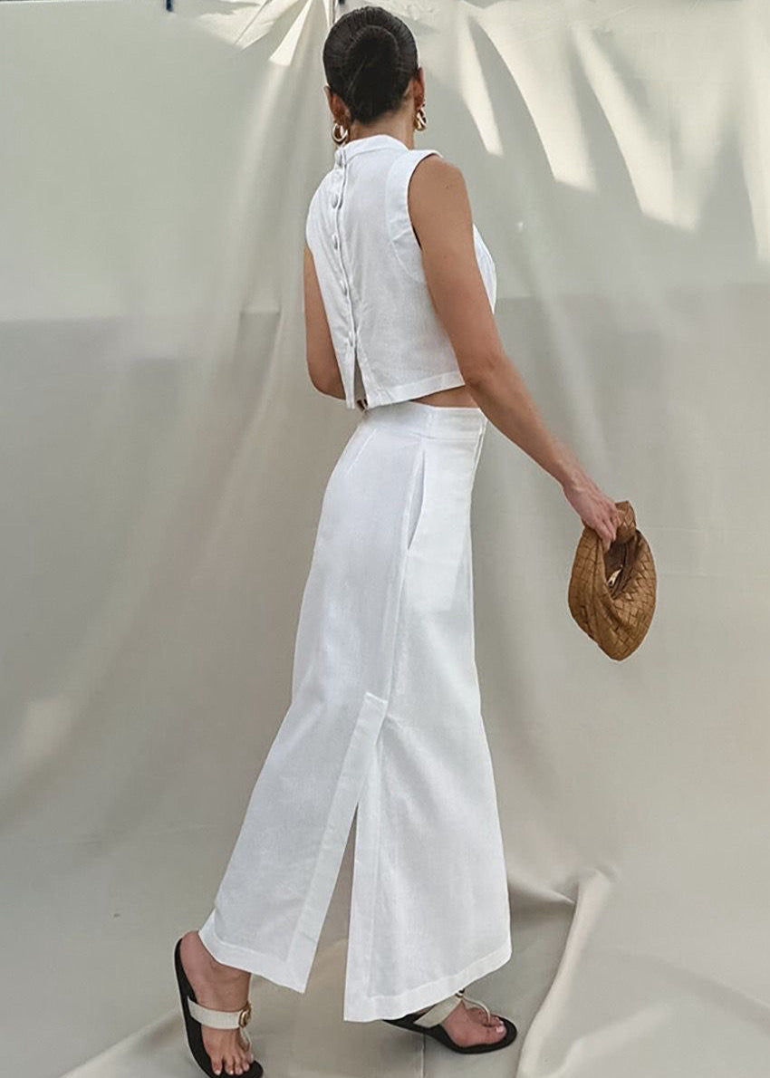 Isla Linen Blend Set – Sleeveless Top & Front-Slit Maxi Skirt