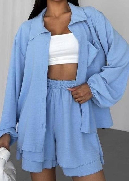Skye Soft Blue Set – Oversized Button Shirt & Elastic Shorts