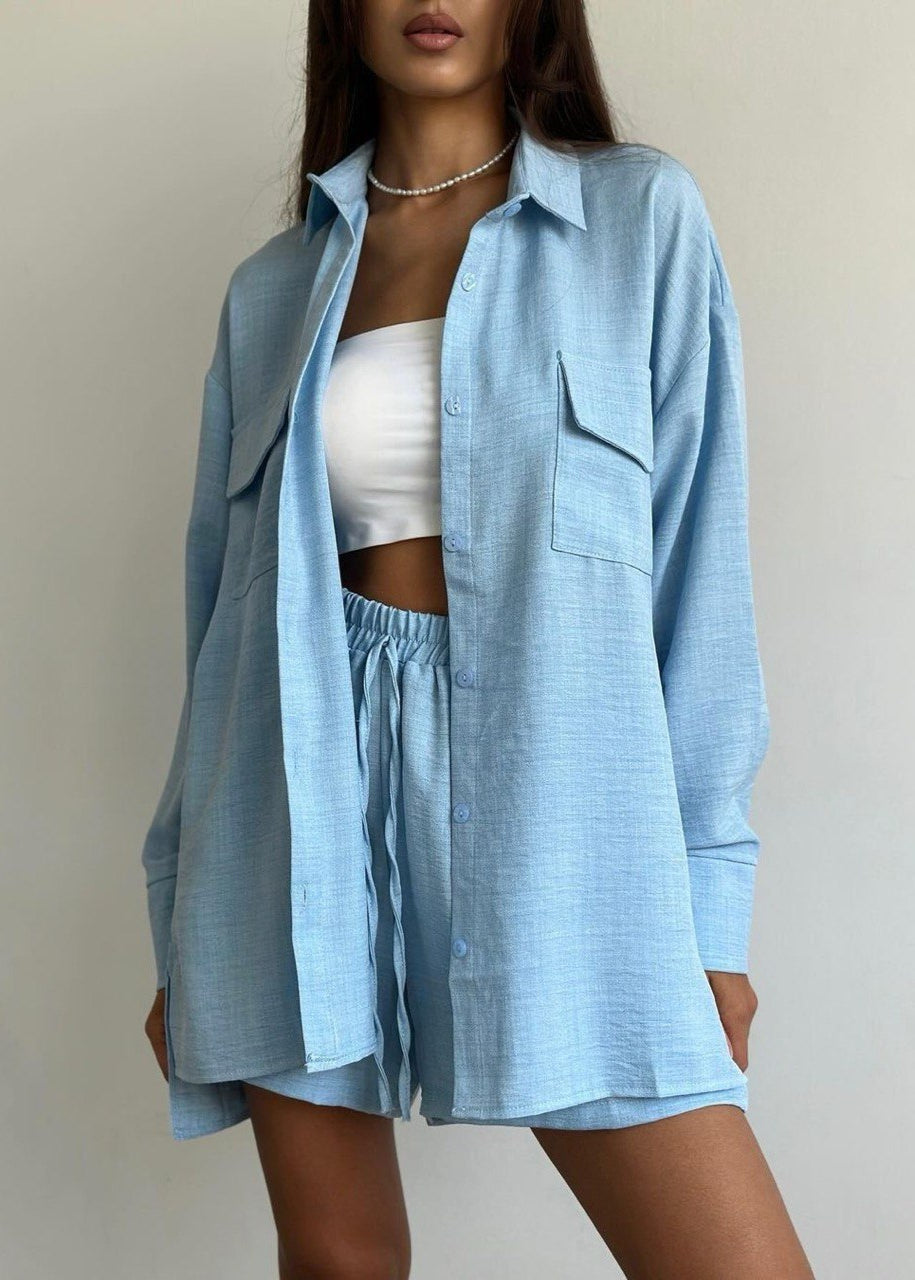 Noelle Beige Set – Button-Down Shirt & Drawstring Shorts