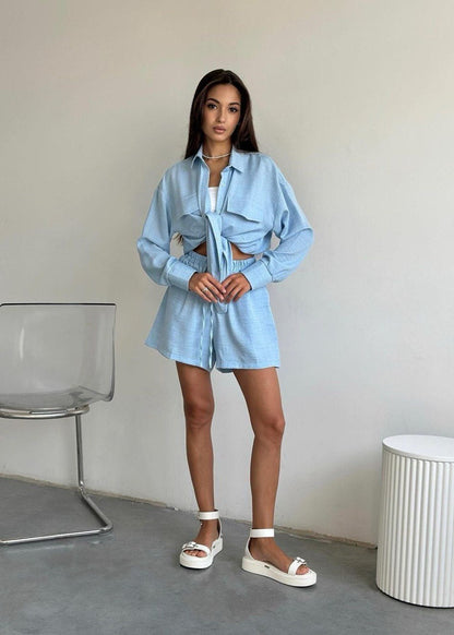 Noelle Beige Set – Button-Down Shirt & Drawstring Shorts