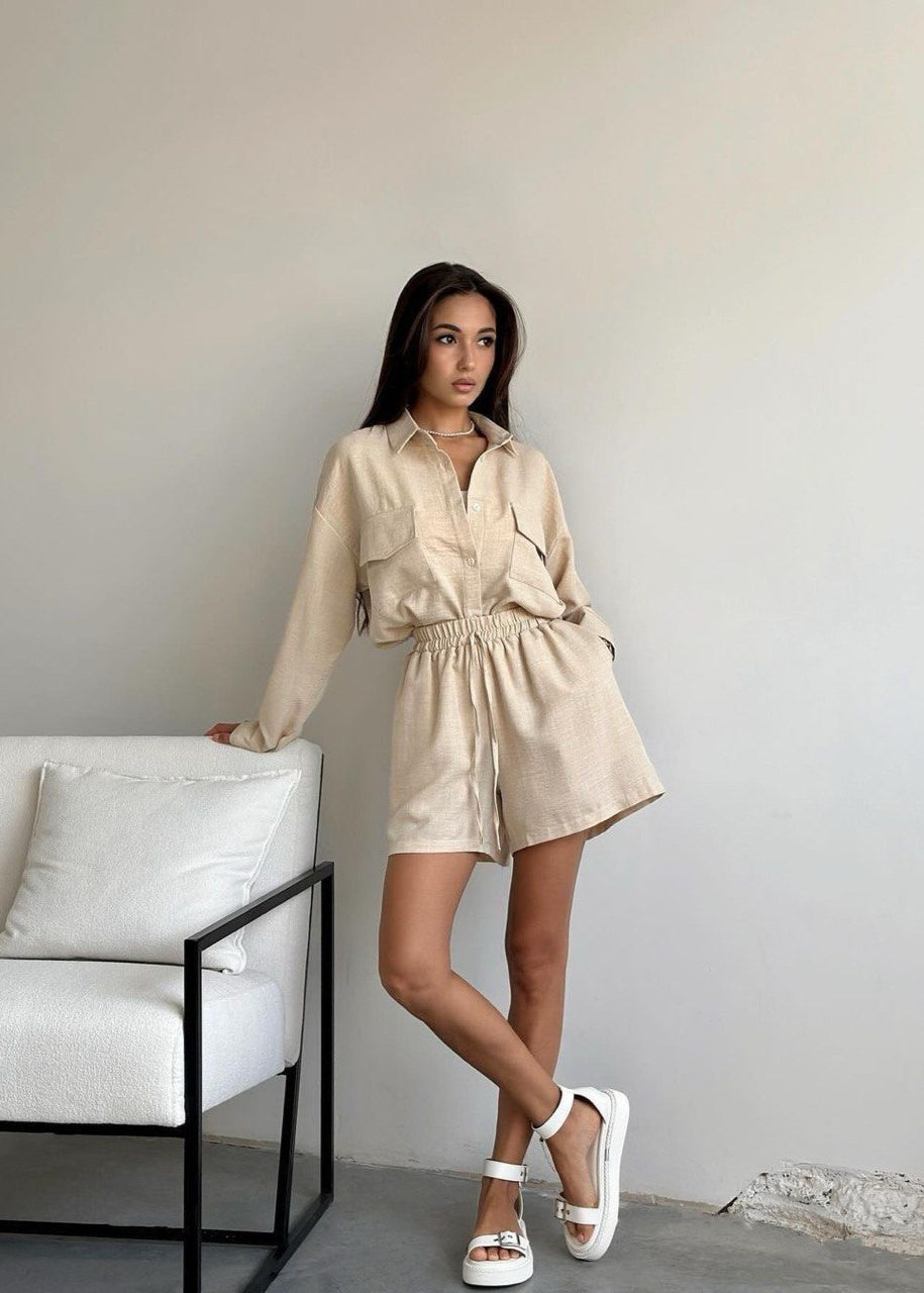 Noelle Beige Set – Button-Down Shirt & Drawstring Shorts