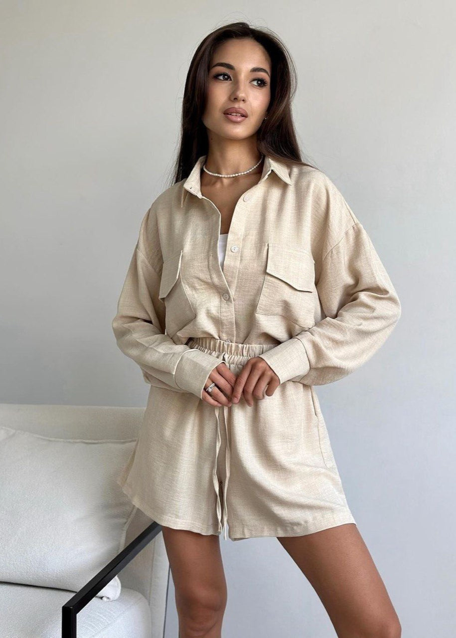 Noelle Beige Set – Button-Down Shirt & Drawstring Shorts