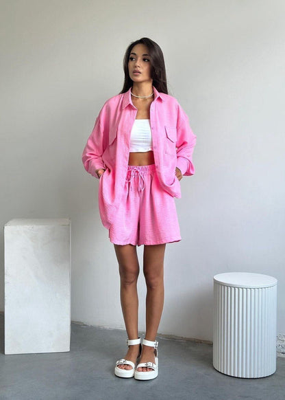 Noelle Beige Set – Button-Down Shirt & Drawstring Shorts