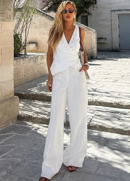 White Haven - Sleeveless Wrap Top & Wide-Leg Trousers Set