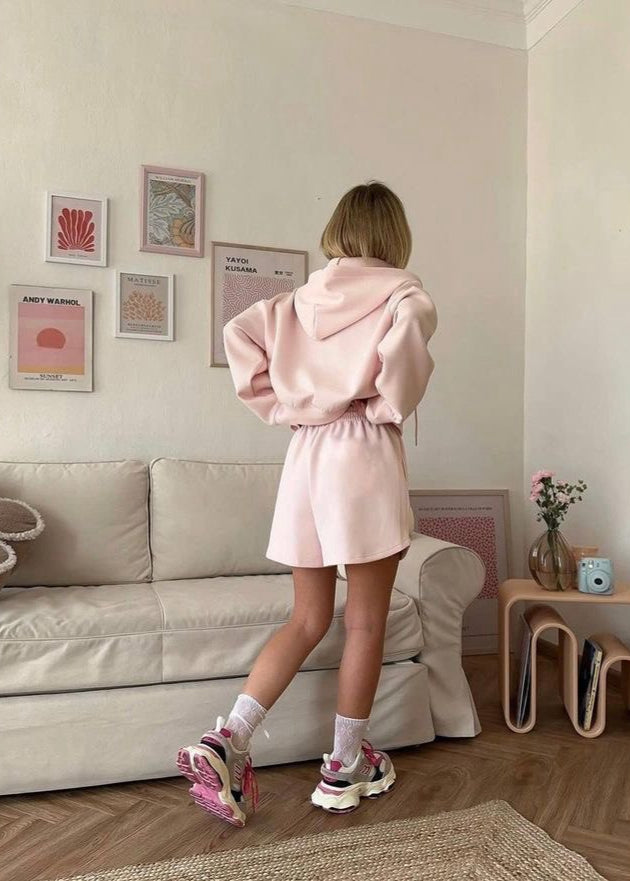 Blush Ease - Zip-Up Hoodie & Lounge Shorts Set