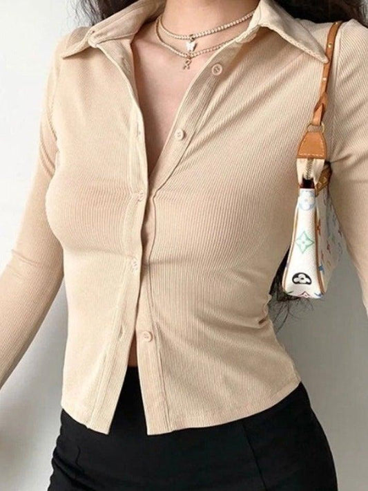 Solid Color Vintage Polo Neck Long Sleeve Rib Blouse