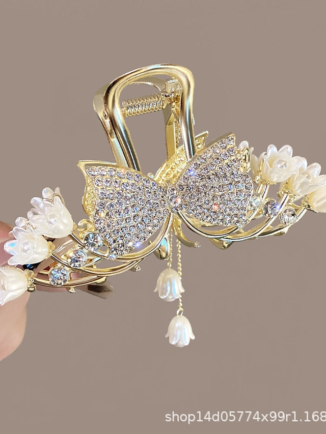 1PC Hair Claws Hair Claw For Wedding Party Evening Birthday-Glitter Imitation Pearl Rhinestone Alloy Metal Bell Orchids Gold Fashion Nonslip for Women