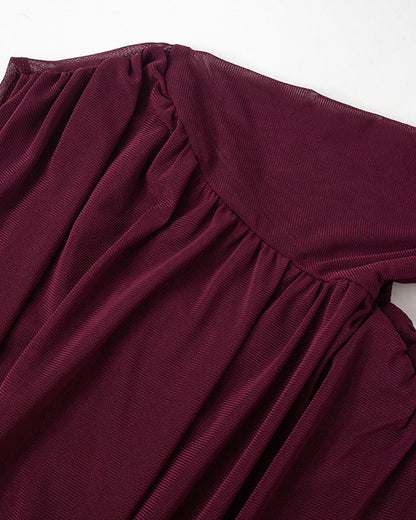 Solid Color Mesh Sexy Pleated Long Sleeve T-Shirt