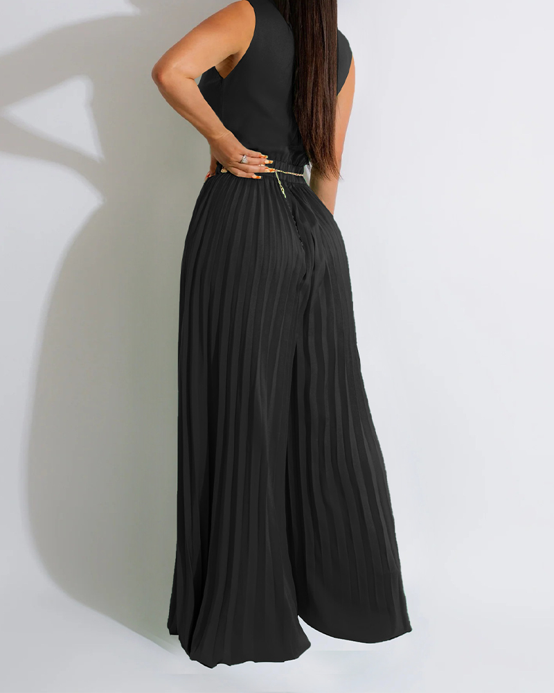V-Neck Waist Pleated Loose Jumpsuit