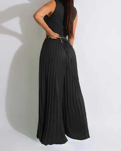V-Neck Waist Pleated Loose Jumpsuit