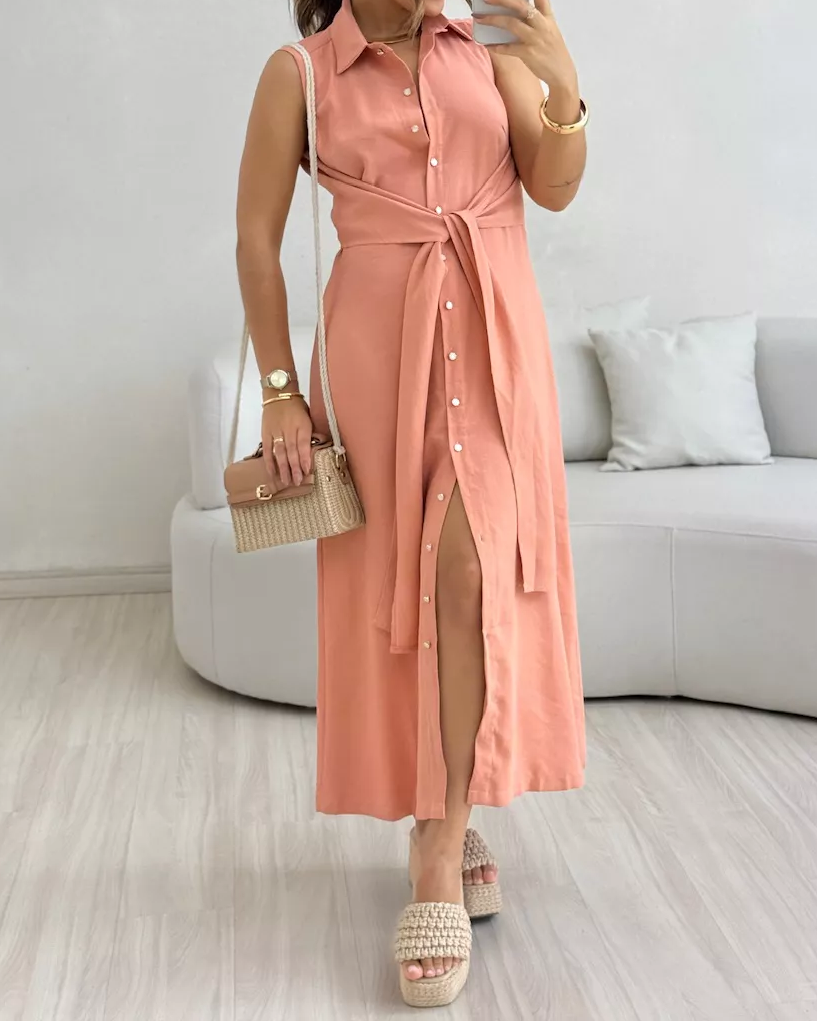 V-Neck Sleeveless Solid Color Waist Dres