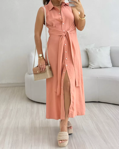 V-Neck Sleeveless Solid Color Waist Dres