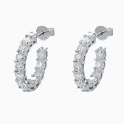 Rhodium Plated Sterling Silver 3MM Moissanite Paved Open Hoop Earrings