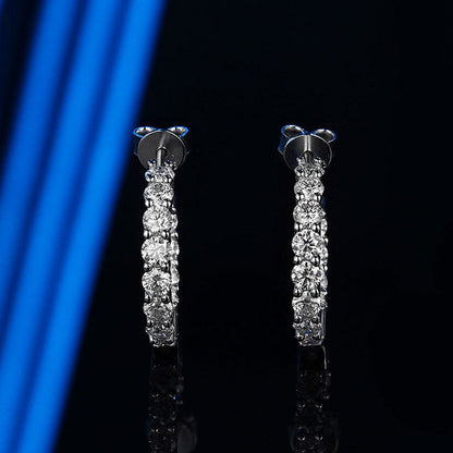 Rhodium Plated Sterling Silver 3MM Moissanite Paved Open Hoop Earrings