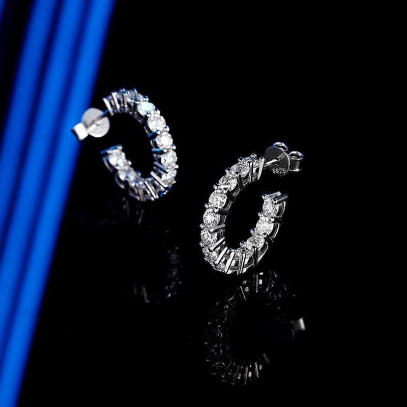 Rhodium Plated Sterling Silver 3MM Moissanite Paved Open Hoop Earrings