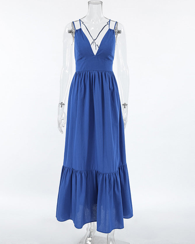 Blue Cotton and Linen V-Neck Halter Back Dress