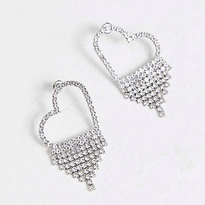 Rhinestone Fringe Heart Dangle Earrings Silver