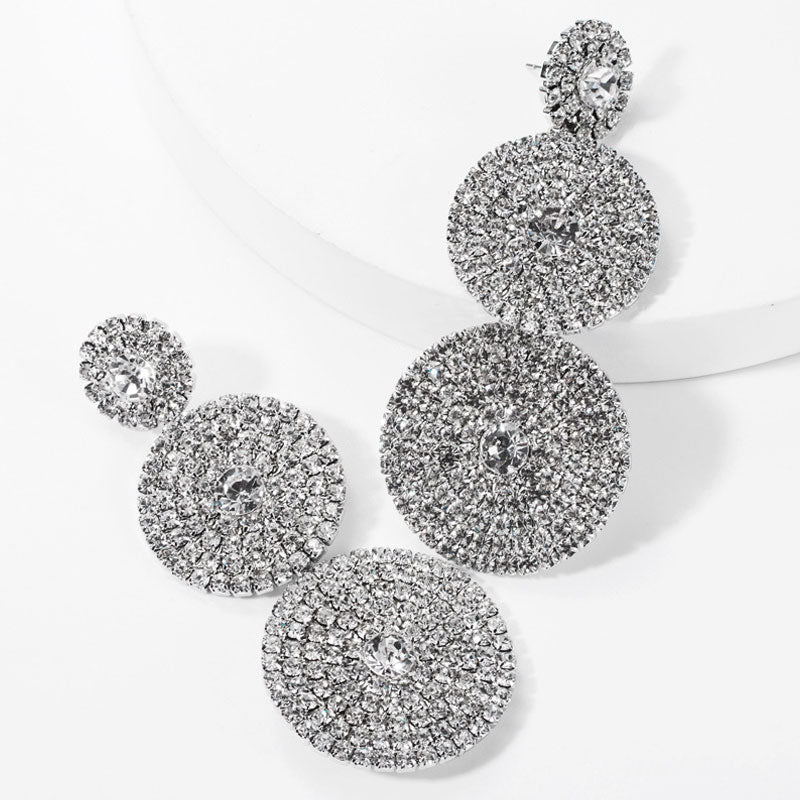 Crystal Circle Triple Drop Earrings Silver