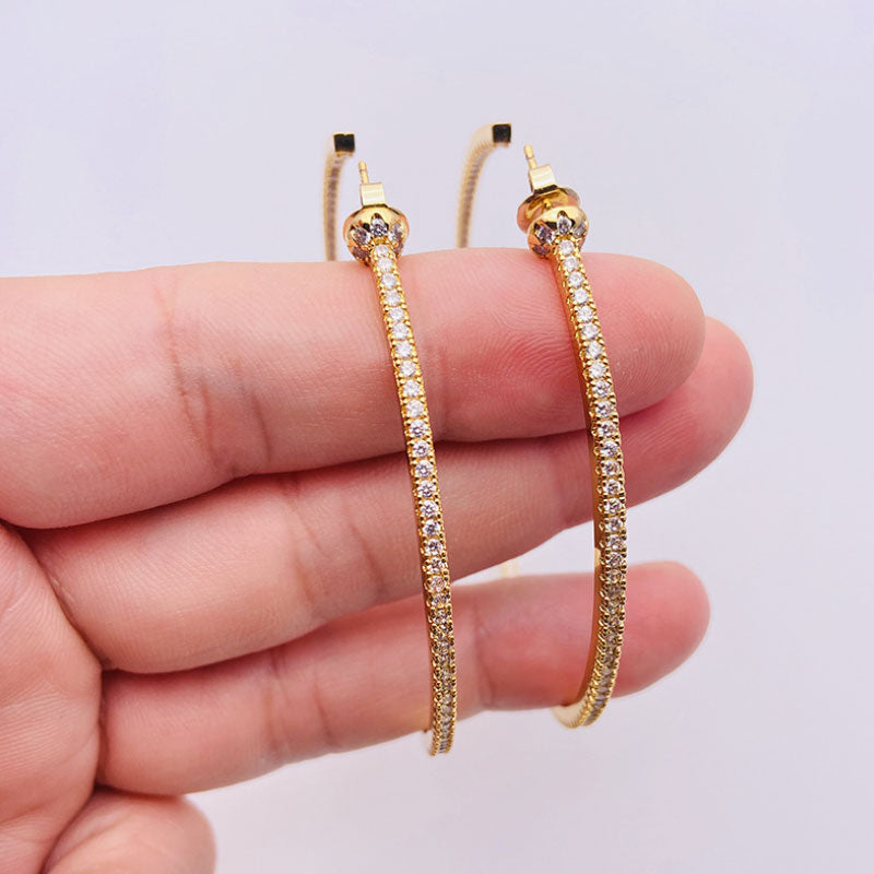 Rhinestone Pleated Large Hoop Earrings in Gold
