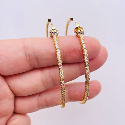Rhinestone Pleated Large Hoop Earrings in Gold